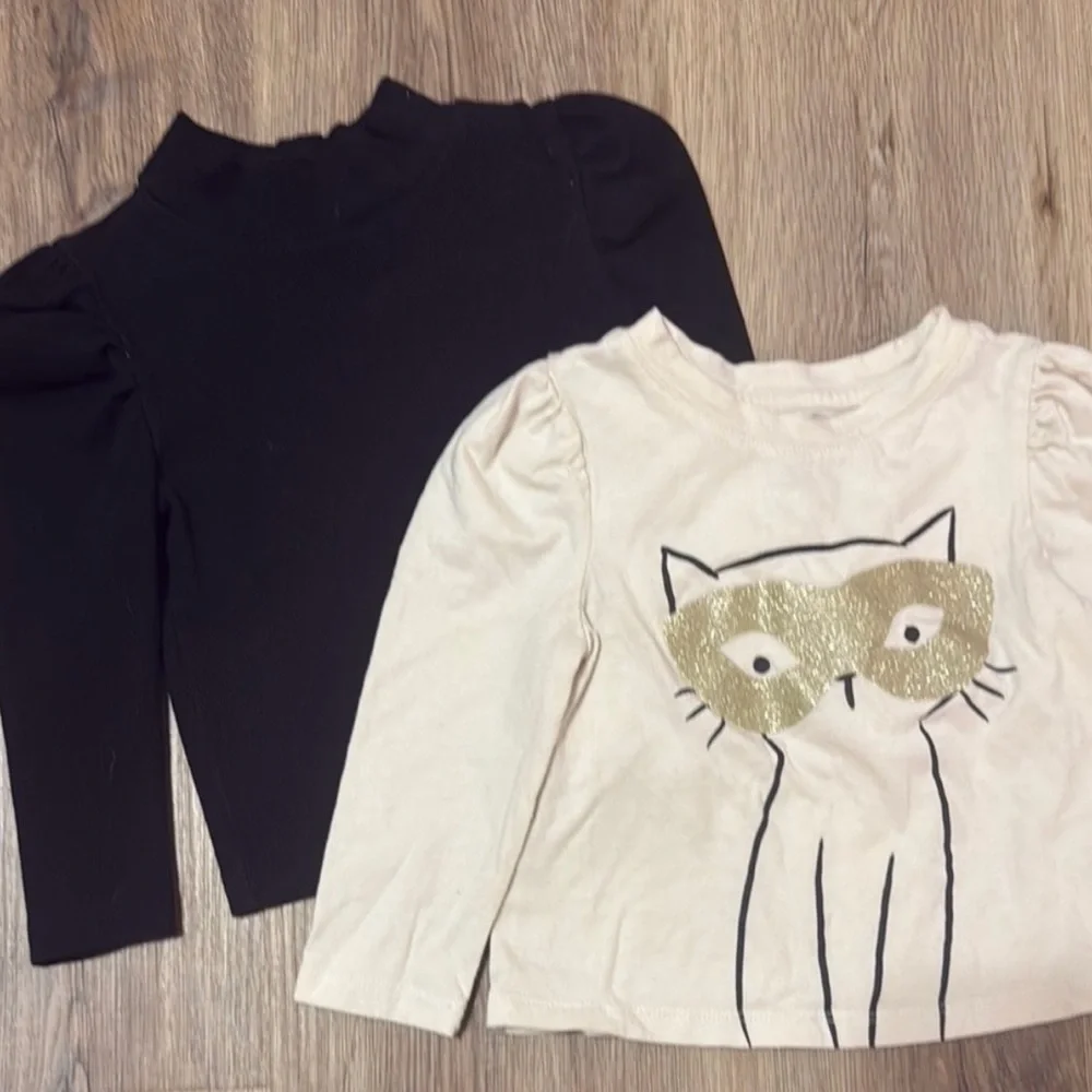 GAP Kids Black and Cream Long Sleeve Tees with Gold Glitter Mask Cat Design